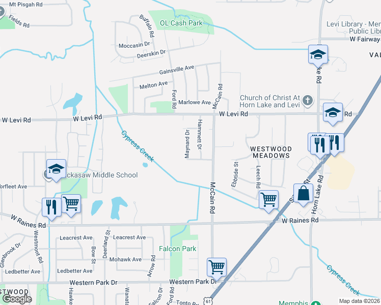 map of restaurants, bars, coffee shops, grocery stores, and more near 3975 Maynard Drive in Memphis