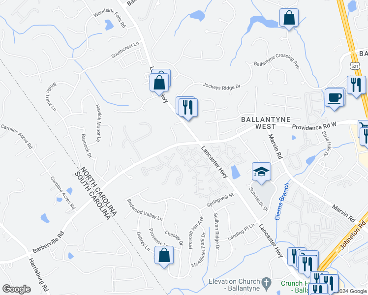 map of restaurants, bars, coffee shops, grocery stores, and more near 11808 Moscato Court in Charlotte