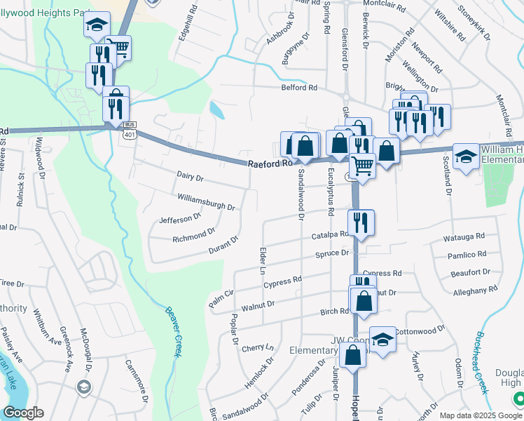 map of restaurants, bars, coffee shops, grocery stores, and more near 209 Spears Drive in Fayetteville