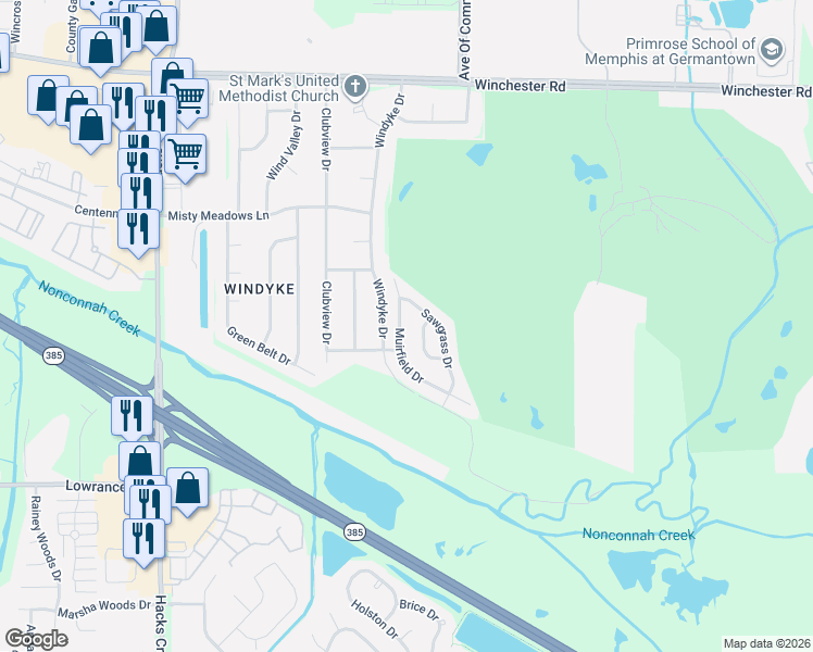 map of restaurants, bars, coffee shops, grocery stores, and more near 3995 Rolling Green Drive in Memphis