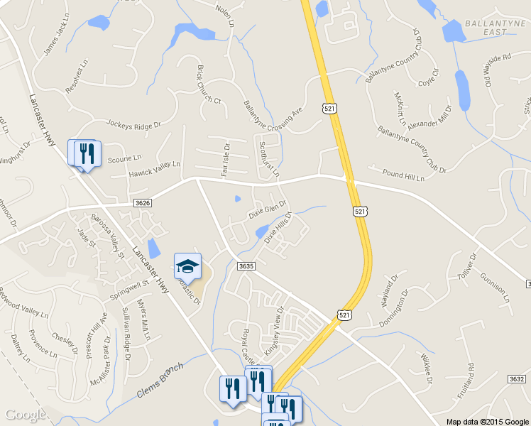 map of restaurants, bars, coffee shops, grocery stores, and more near 11417 Dixie Glen Drive in Charlotte