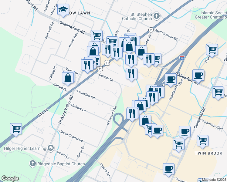 map of restaurants, bars, coffee shops, grocery stores, and more near 2115 North Concord Road in Chattanooga