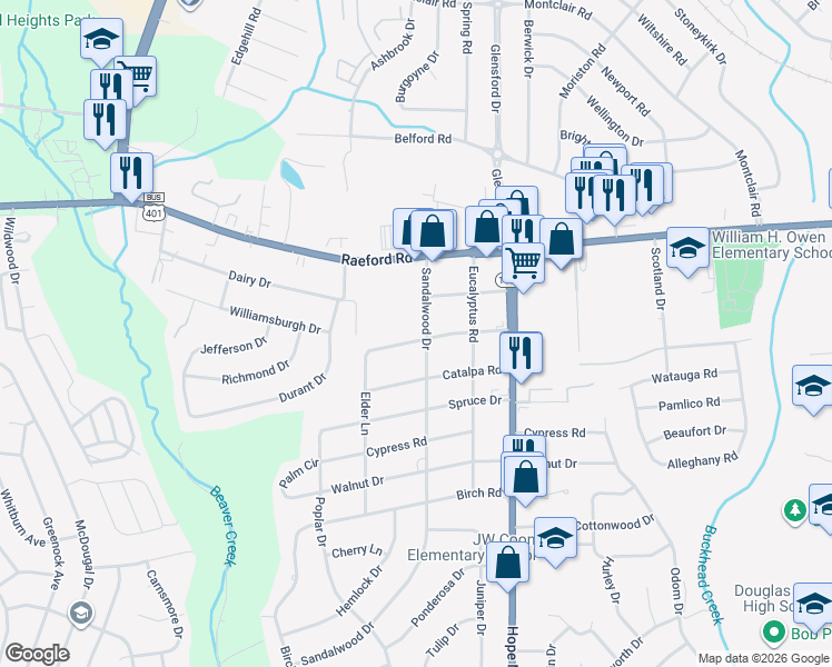 map of restaurants, bars, coffee shops, grocery stores, and more near 210 Sandalwood Drive in Fayetteville
