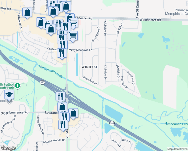 map of restaurants, bars, coffee shops, grocery stores, and more near 3996 Fun Valley Drive in Memphis