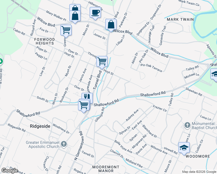 map of restaurants, bars, coffee shops, grocery stores, and more near 1100 Gillespie Road in Chattanooga