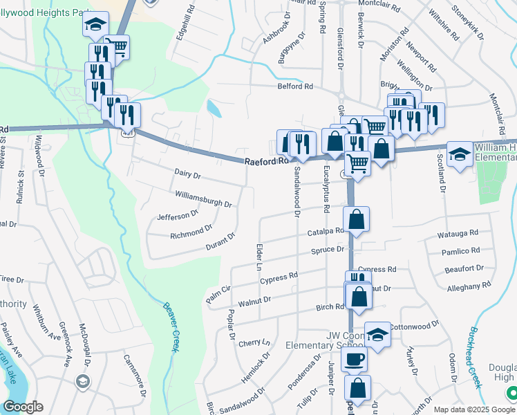 map of restaurants, bars, coffee shops, grocery stores, and more near 209 Spears Drive in Fayetteville