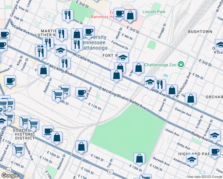 map of restaurants, bars, coffee shops, grocery stores, and more near 816 Central Avenue in Chattanooga