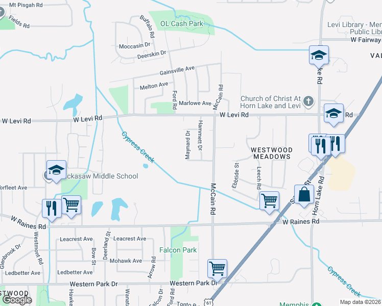 map of restaurants, bars, coffee shops, grocery stores, and more near 3975 Maynard Drive in Memphis