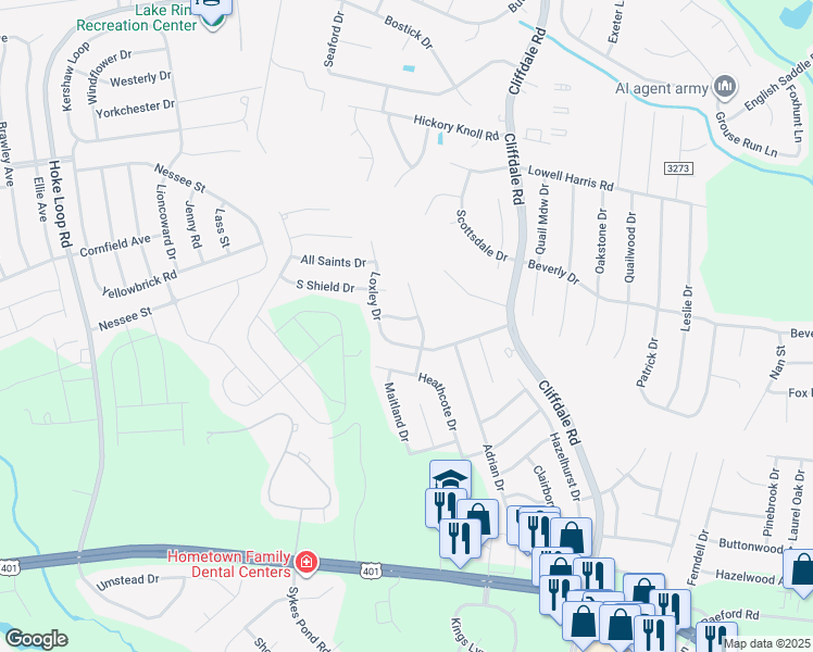 map of restaurants, bars, coffee shops, grocery stores, and more near 1685 Jersey Drive in Fayetteville