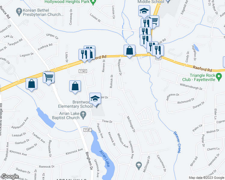 map of restaurants, bars, coffee shops, grocery stores, and more near 1077 Rulnick Street in Fayetteville