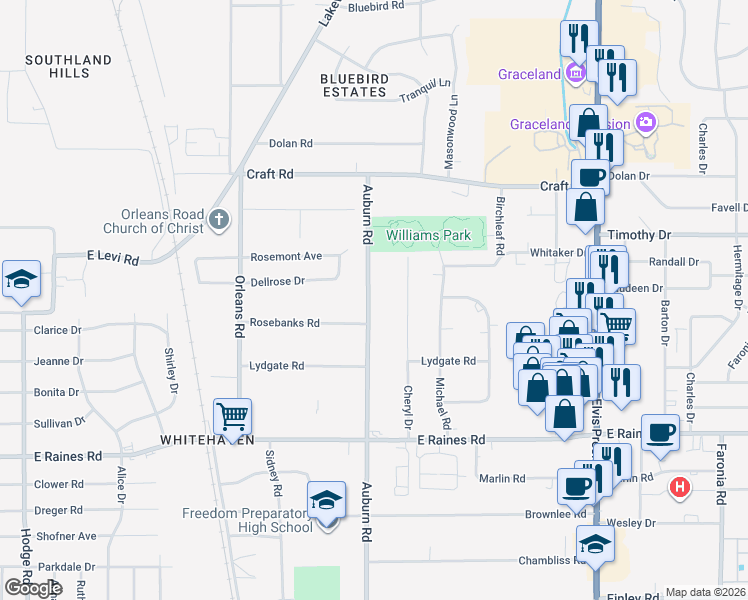 map of restaurants, bars, coffee shops, grocery stores, and more near 3974 Auburn Road in Memphis