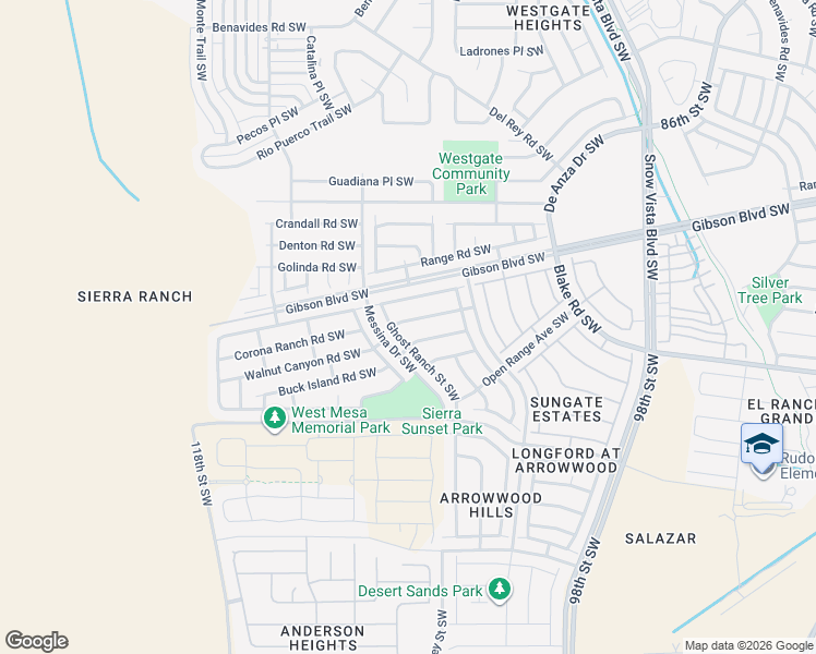 map of restaurants, bars, coffee shops, grocery stores, and more near 10405 Sandy Trail Road Southwest in Albuquerque