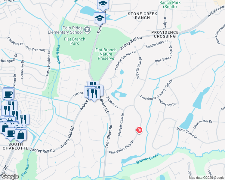 map of restaurants, bars, coffee shops, grocery stores, and more near 10816 Congressional Club Dr in Charlotte