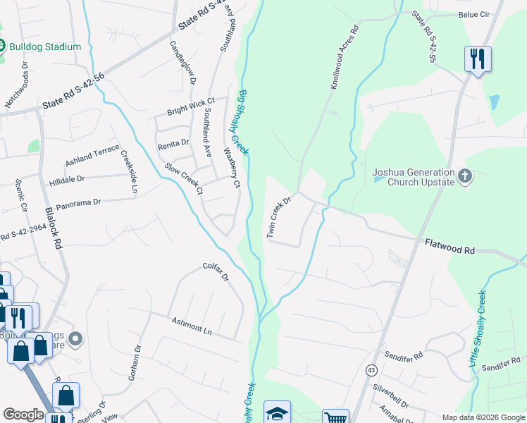 map of restaurants, bars, coffee shops, grocery stores, and more near 177 Twin Creek Drive in Boiling Springs