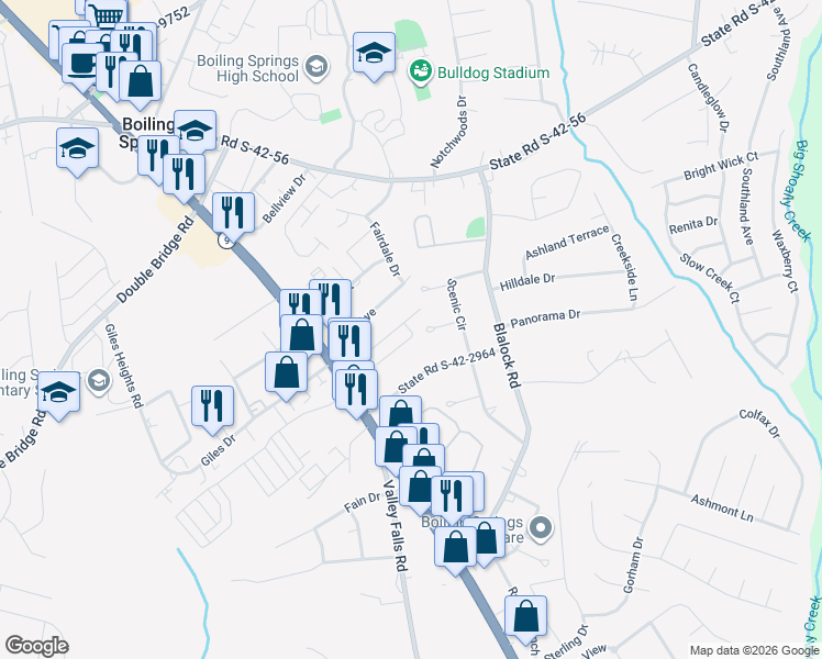 map of restaurants, bars, coffee shops, grocery stores, and more near 536 Townsend Place Drive in Boiling Springs