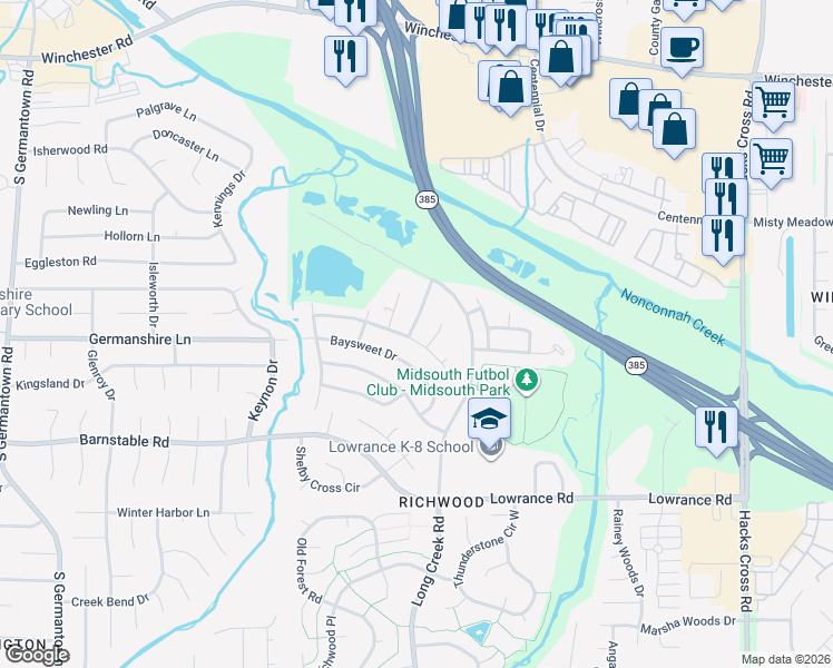 map of restaurants, bars, coffee shops, grocery stores, and more near 3956 Autumn Harvest Lane in Memphis