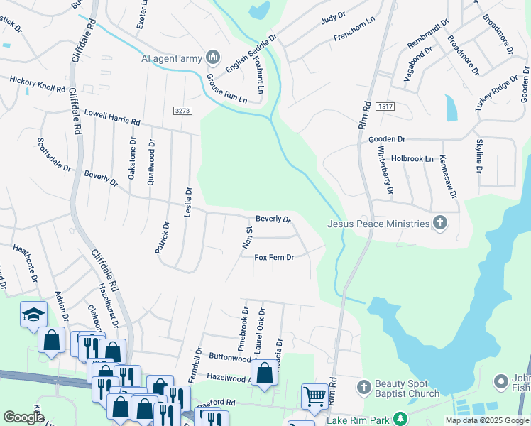 map of restaurants, bars, coffee shops, grocery stores, and more near 7542 Beverly Drive in Fayetteville