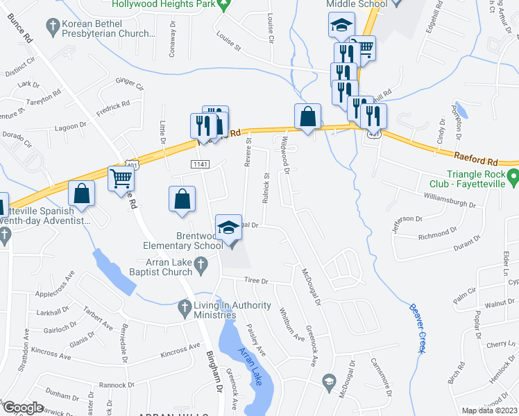 map of restaurants, bars, coffee shops, grocery stores, and more near 1080 Rulnick Street in Fayetteville