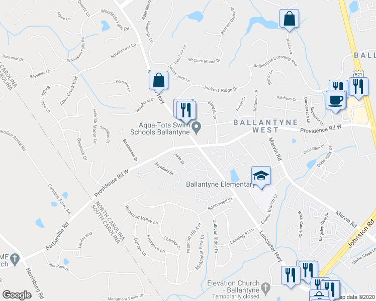 map of restaurants, bars, coffee shops, grocery stores, and more near 15311 Barossa Valley Street in Charlotte