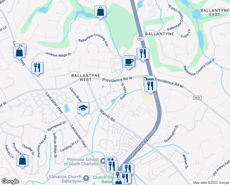 map of restaurants, bars, coffee shops, grocery stores, and more near 11417 Dixie Glen Drive in Charlotte