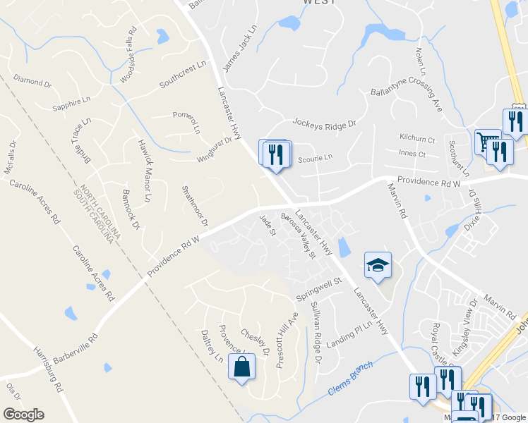 map of restaurants, bars, coffee shops, grocery stores, and more near 16804 Pachino Way in Charlotte