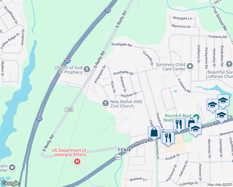 map of restaurants, bars, coffee shops, grocery stores, and more near 6734 Interban Drive in Fayetteville