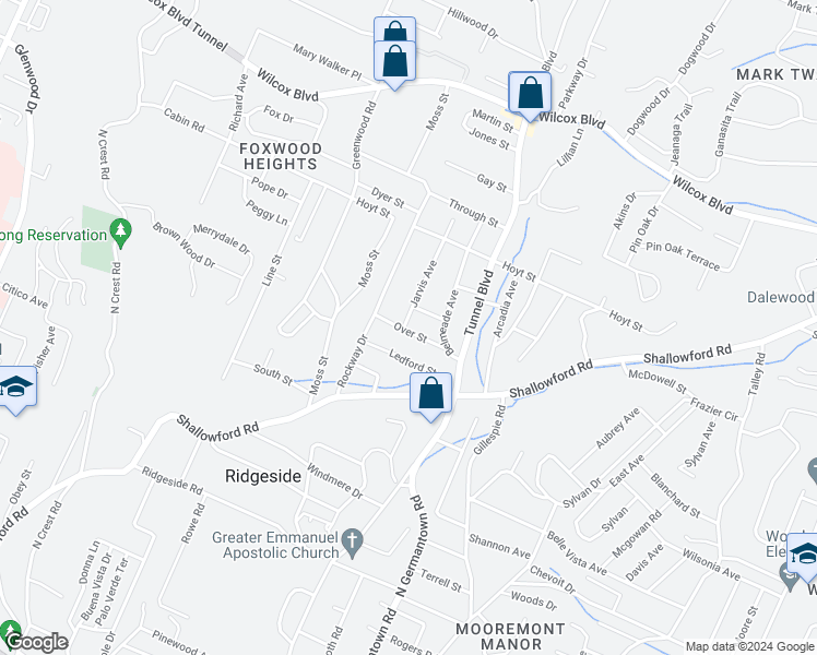 map of restaurants, bars, coffee shops, grocery stores, and more near 601 Over Street in Chattanooga