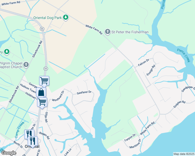 map of restaurants, bars, coffee shops, grocery stores, and more near 124 Sea Horse Landing Road in Oriental