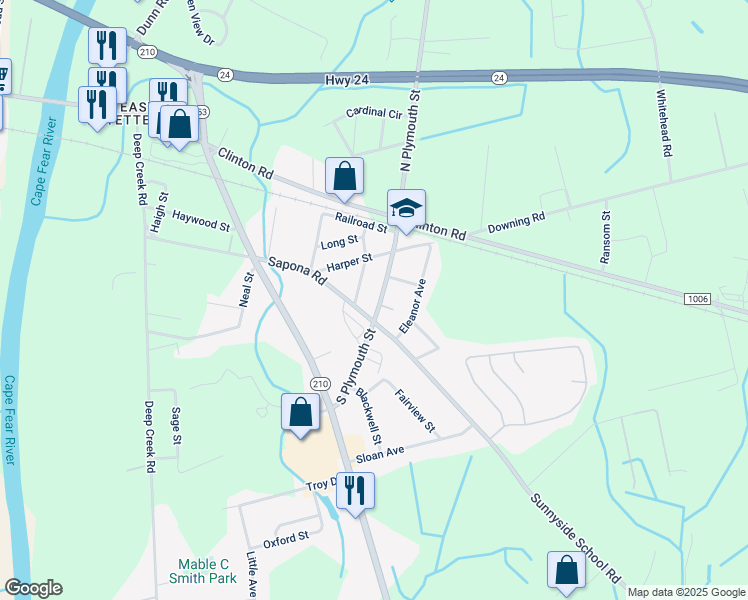 map of restaurants, bars, coffee shops, grocery stores, and more near 226 South Plymouth Street in Fayetteville