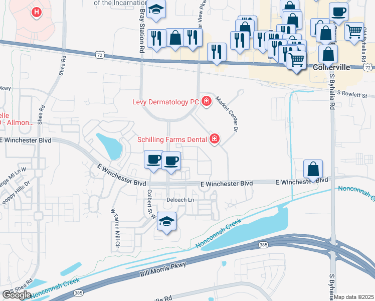 map of restaurants, bars, coffee shops, grocery stores, and more near 160 Madison Farms Lane in Collierville