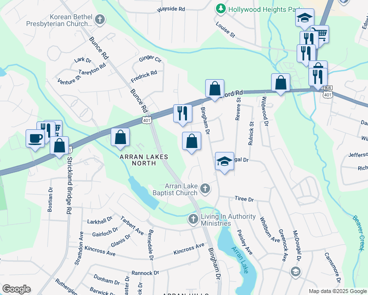 map of restaurants, bars, coffee shops, grocery stores, and more near 6319 Raeford Road in Fayetteville