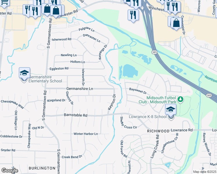 map of restaurants, bars, coffee shops, grocery stores, and more near 7456 Germanshire Lane in Memphis
