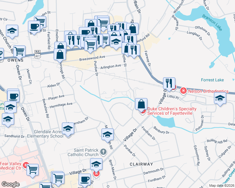 map of restaurants, bars, coffee shops, grocery stores, and more near 1141 Meadow Creek Road in Fayetteville