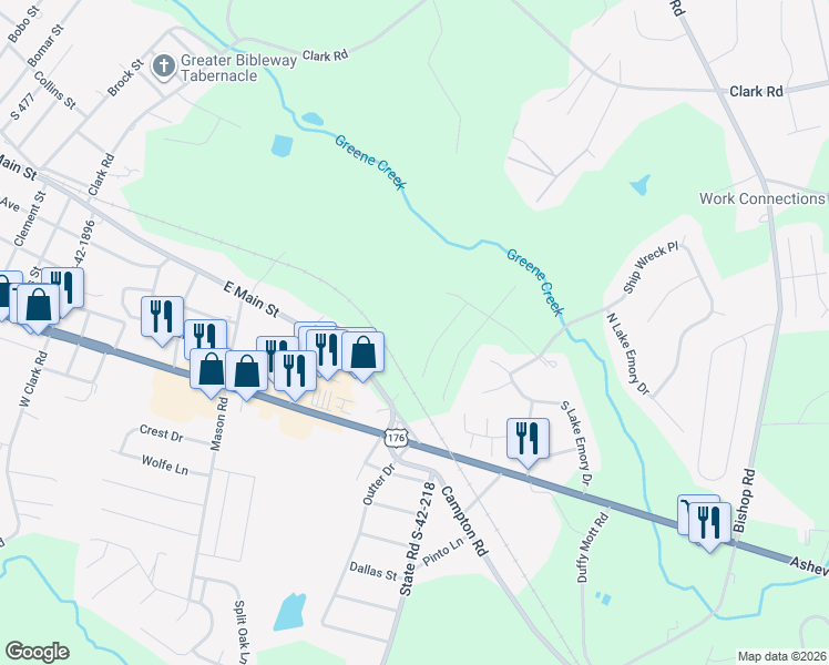 map of restaurants, bars, coffee shops, grocery stores, and more near 1738 Watersail Ln in Inman