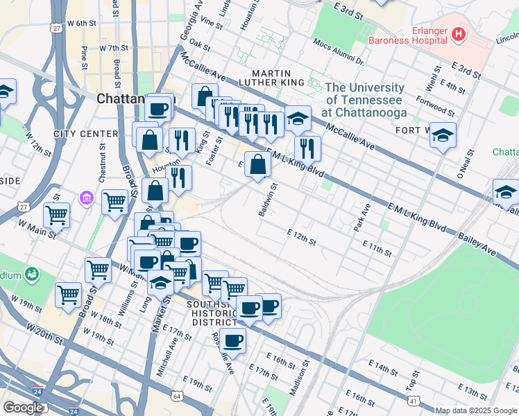 map of restaurants, bars, coffee shops, grocery stores, and more near 1183 Passenger Street in Chattanooga