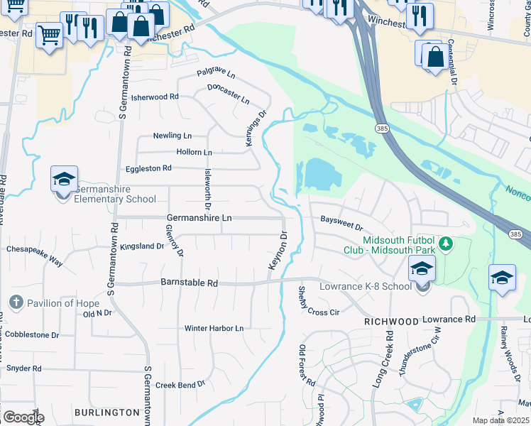 map of restaurants, bars, coffee shops, grocery stores, and more near 7441 Germanshire Lane in Memphis