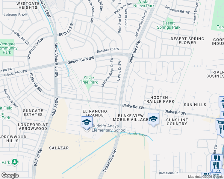 map of restaurants, bars, coffee shops, grocery stores, and more near 8505 Spring Sage Road Southwest in Albuquerque