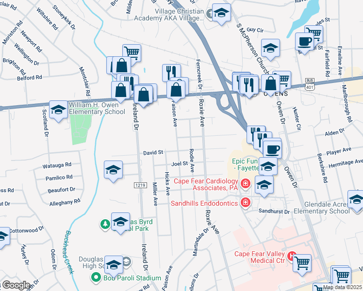 map of restaurants, bars, coffee shops, grocery stores, and more near 307 Faison Avenue in Fayetteville