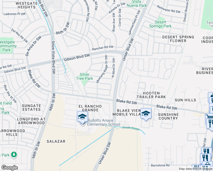 map of restaurants, bars, coffee shops, grocery stores, and more near 8505 Spring Sage Road Southwest in Albuquerque