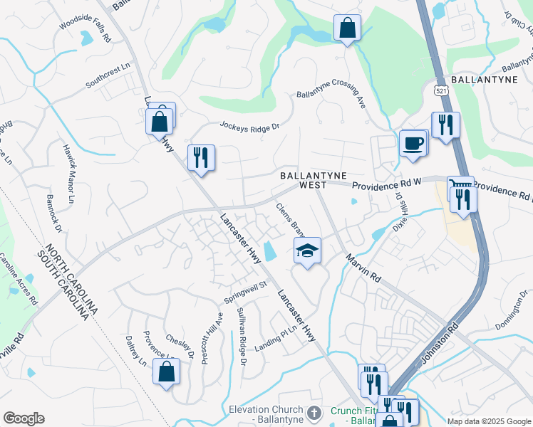 map of restaurants, bars, coffee shops, grocery stores, and more near 15019 Northsprings Drive in Charlotte