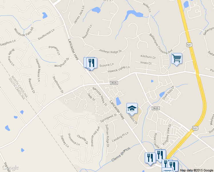 map of restaurants, bars, coffee shops, grocery stores, and more near 15218 Timblin Court in Charlotte