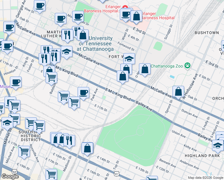 map of restaurants, bars, coffee shops, grocery stores, and more near 1020 East Martin Luther King Boulevard in Chattanooga