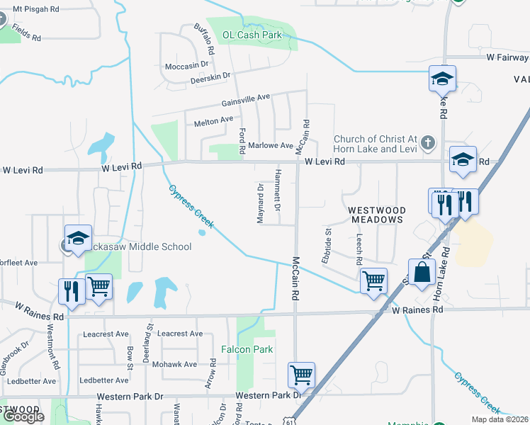 map of restaurants, bars, coffee shops, grocery stores, and more near 3975 Maynard Drive in Memphis