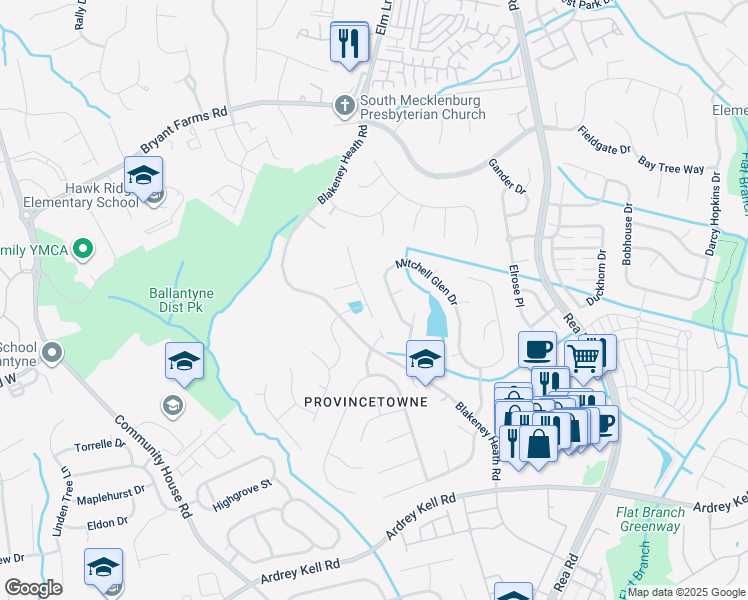 map of restaurants, bars, coffee shops, grocery stores, and more near 7314 Basie Park Court in Charlotte