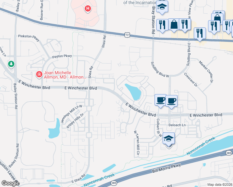 map of restaurants, bars, coffee shops, grocery stores, and more near East Winchester Boulevard in Collierville