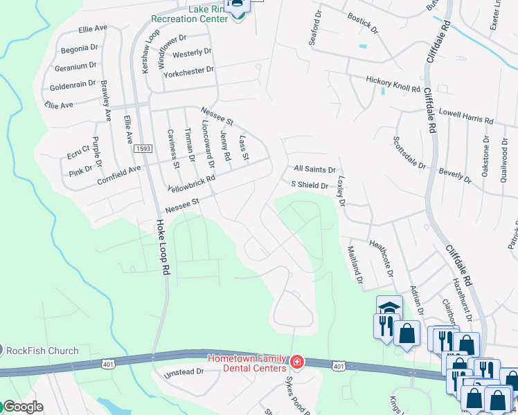 map of restaurants, bars, coffee shops, grocery stores, and more near 1608 Stackhouse Drive in Fayetteville
