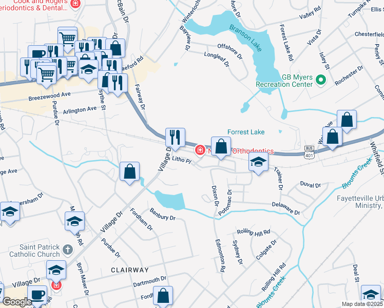 map of restaurants, bars, coffee shops, grocery stores, and more near 2139 Valleygate Drive in Fayetteville