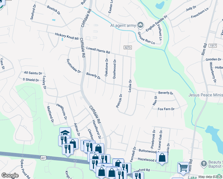 map of restaurants, bars, coffee shops, grocery stores, and more near 1104 Quailwood Drive in Fayetteville
