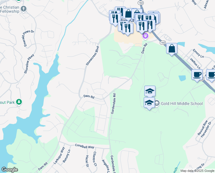 map of restaurants, bars, coffee shops, grocery stores, and more near 1399 Moss Ridge Road in Fort Mill