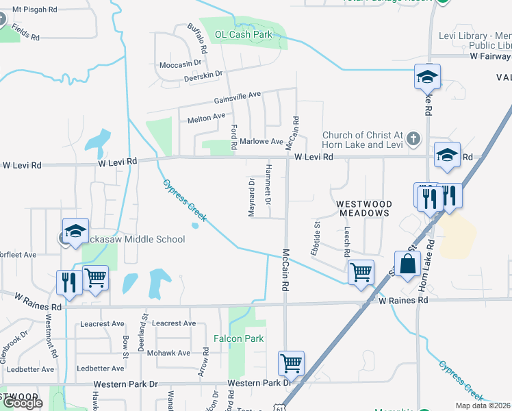 map of restaurants, bars, coffee shops, grocery stores, and more near 3975 Maynard Drive in Memphis